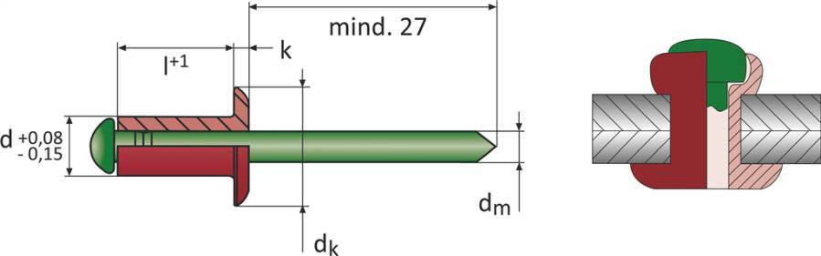 Blindniet Alu/Edelstahl Standard 0703165 Farbe blank Material Alu/Edelstahl Schaft-Ø 5 mm Schaftlänge 12 mm Klemmbereich