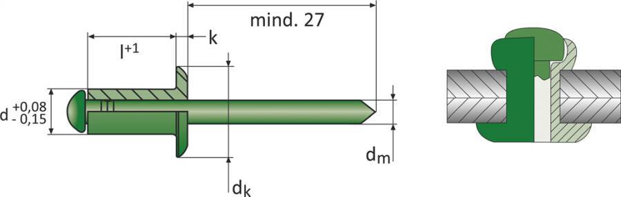 Blindniet Edelstahl A2/Edelstahl A2 Flachkopf 0704627 Farbe blank Material Edelstahl A2/Edelstahl A2 Schaft-Ø 4 mm Schaf