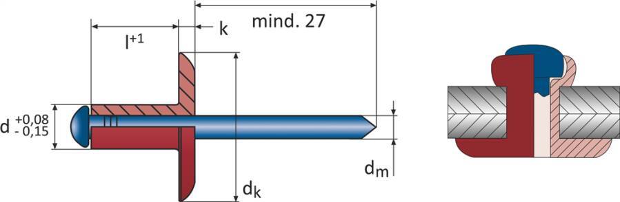 Blindniet Alu/Stahl Großkopf 14 mm 0702625 Farbe blank Material Alu/Stahl Schaft-Ø 5 mm Schaftlänge 16 mm Klemmbereich