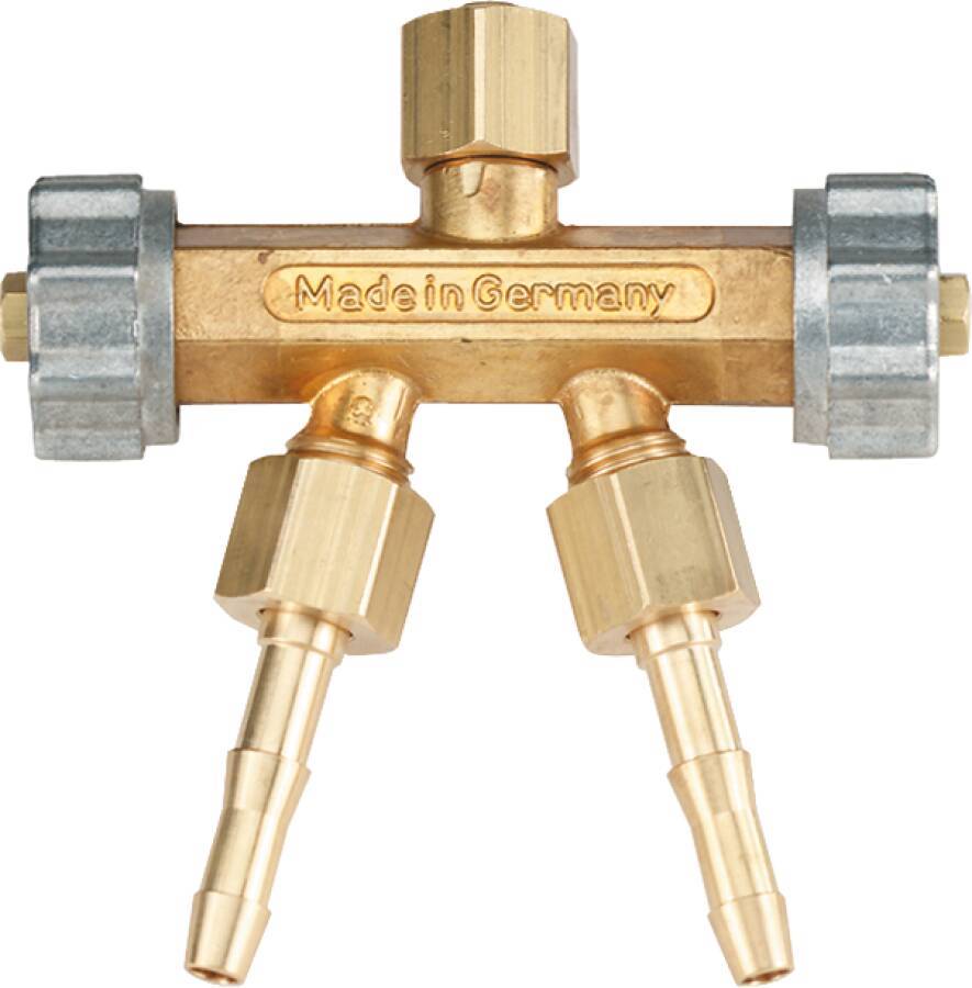 Doppelabzweigventil, mit Muttern und Tüllen 8024004 Gas Sauerstoff / Argon Anschluss G 1/4” R Tülle 4 mm