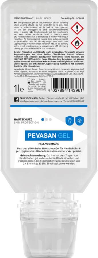 Hautschutzgel PEVASAN GEL 145070 Inhalt 1 l Ausführung unparfümiert Gebinde Softflasche geeignet für Spender PEVA One un