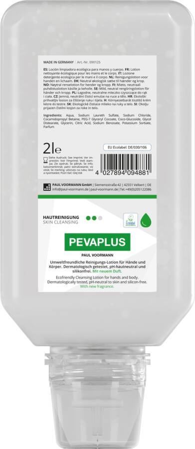 Hautreinigungs-Lotion PEVAPLUS 090125 Inhalt 2 l Ausführung parfümiert Gebinde Softflasche geeignet für Spender VOORMATE