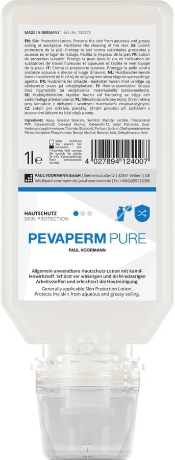 Hautschutzlotion PEVAPERM PURE 120172 Inhalt 1 l Ausführung unparfümiert Gebinde Softflasche geeignet für Spender PEVA O