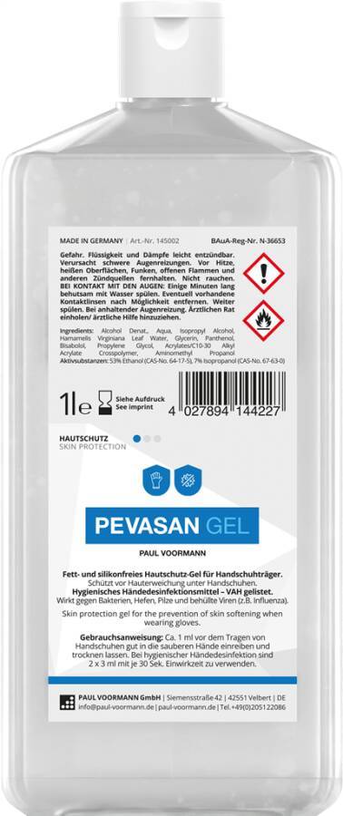 Handdesinfektion PEVASAN GEL 145002 Inhalt 1 l Ausführung unparfümiert Gebinde Hartflasche geeignet für Spender 1l-Hartf