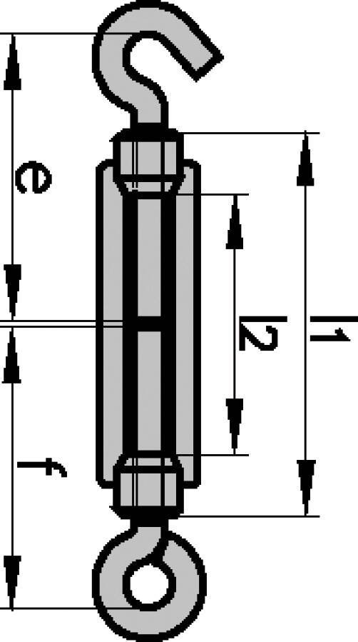 Spannschlösser 941045805 Ausführung Haken u. Öse Gewinde (d) M 14 mm l1 140 mm l2 93 mm e 121 mm f 114 mm Gewicht pro St