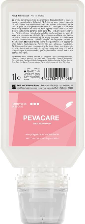 Hautpflegecreme PEVACARE 170170 Inhalt 1 l Ausführung parfürmiert Gebinde Softflasche geeignet für Spender PEVA ONE und
