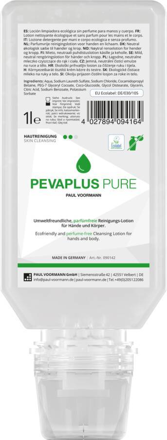 Hautreinigungs-Lotion PEVAPLUS PURE 090172 Inhalt 1 l Ausführung unparfümiert Gebinde Softflasche geeignet für Spender V