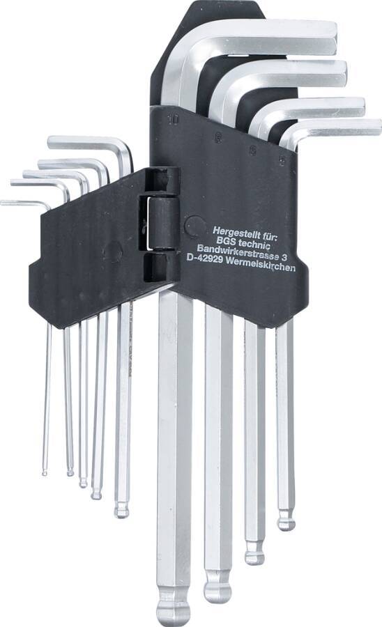Satz von L-förmigen Innensechskantschlüsseln in einem schwarzen Halter, mit Größen angeordnet von klein bis groß.