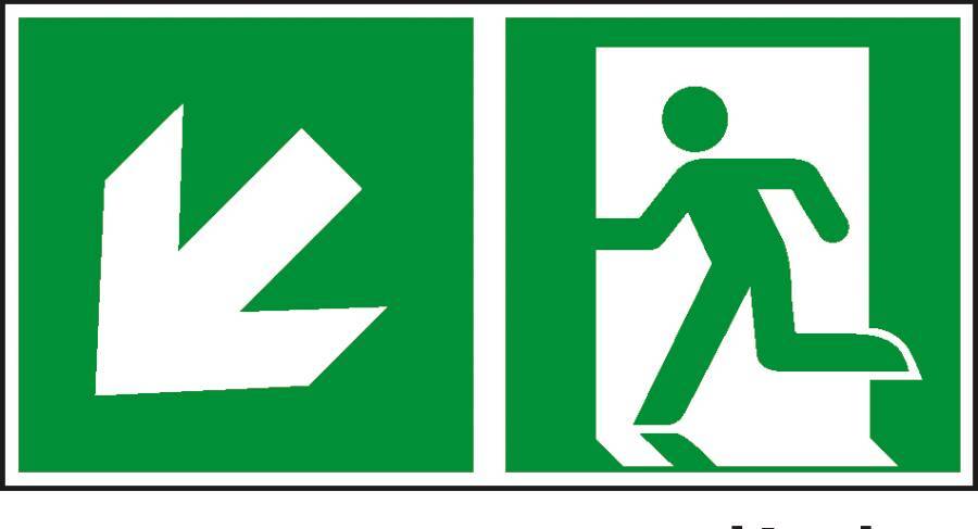 Rettungsweg/ Notausgang links abwärts 932107112 Abmessung (BxH) 300 x 150 mm Material KNS Zulassung ISO 7010