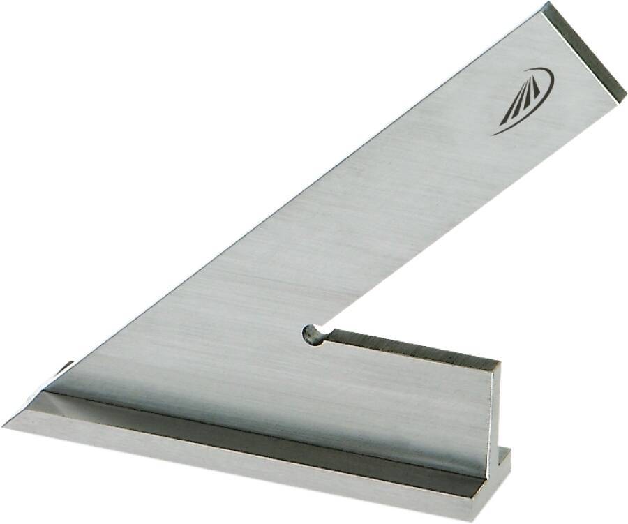 Edelstahl-Zimmermannswinkel mit abgewinkeltem Blatt und Basis, verwendet zum Messen und Markieren von rechten Winkeln.