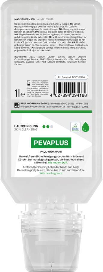 Hautreinigungs-Lotion PEVAPLUS 090170 Inhalt 1 l Ausführung parfümiert Gebinde Softflasche geeignet für Spender VOORMATE