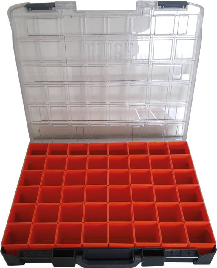 Sortimentskoffer Kunststoff mit Einsätzen ZK-0115-01-066-1-48 Abmessung (BxTxH) 436 x 365 x 72 mm Anzahl Boxen 48 Inhalt