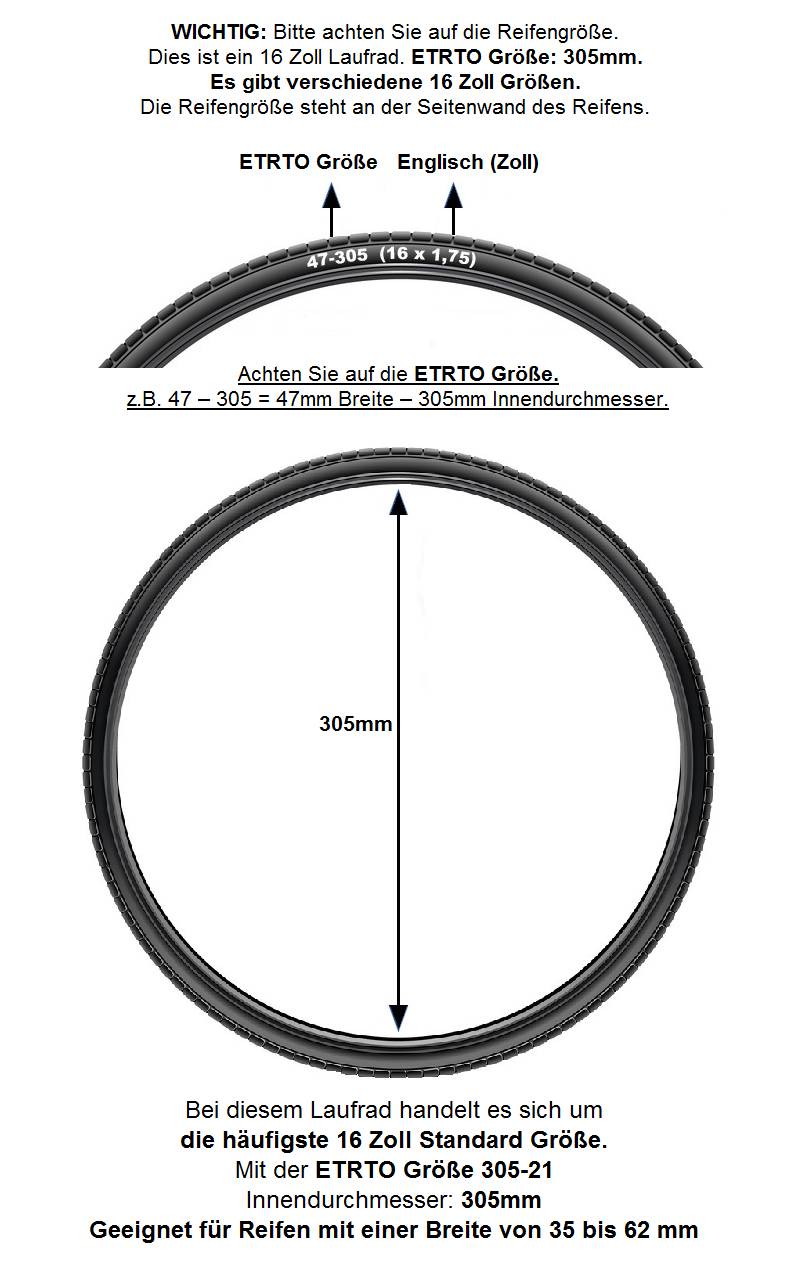 REDONDO 16 Zoll Hinterrad 16" Kasten Felge Schwarz mit 1 Gang Rücktritt Bremse