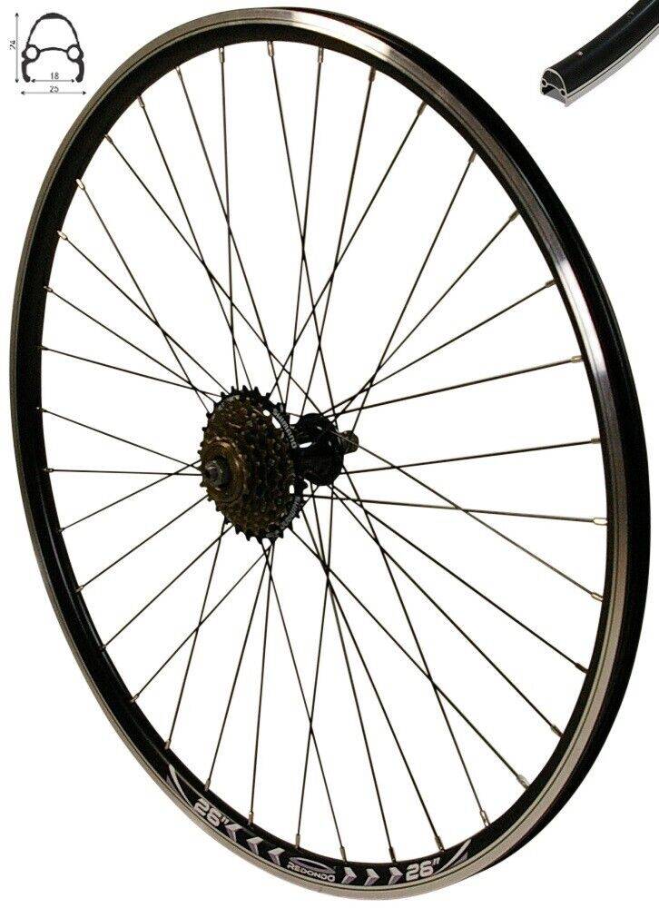REDONDO 26 Zoll Hinterrad Laufrad Hohlkammer Felge QR Schwarz + 6-fach Kranz