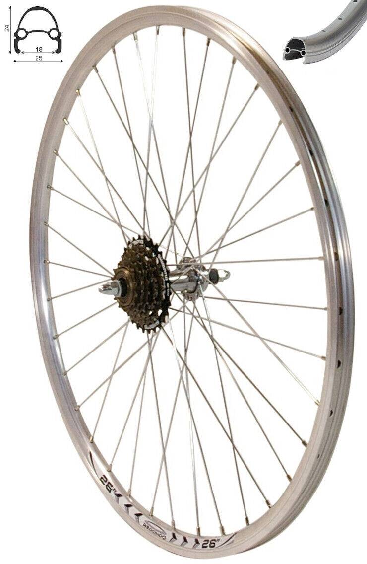 REDONDO 26 Zoll Hinterrad Laufrad Hohlkammer V-Prof Felge + 6-fach Kranz Silber