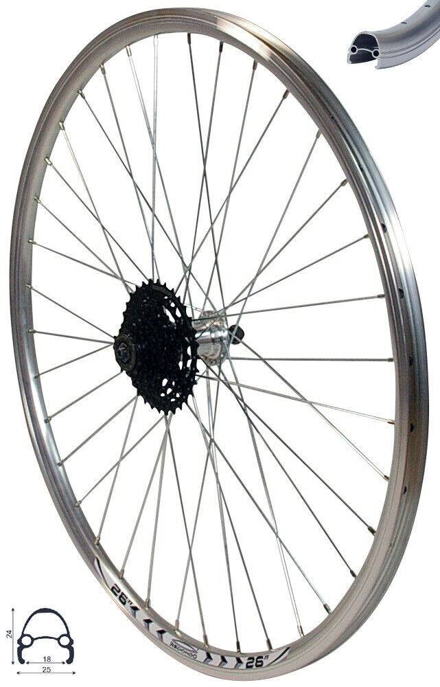 REDONDO 26 Zoll Hinterrad Laufrad Felge Silber + 9 fach Shimano Kassette