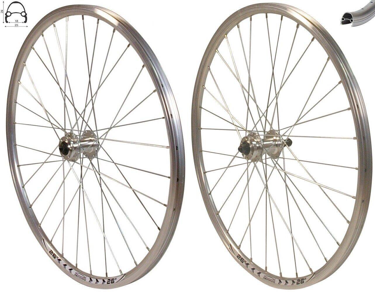 REDONDO 26 Zoll Laufrad Set VR + HR Hohlkammer V-Profil Felge QR Silber Disc