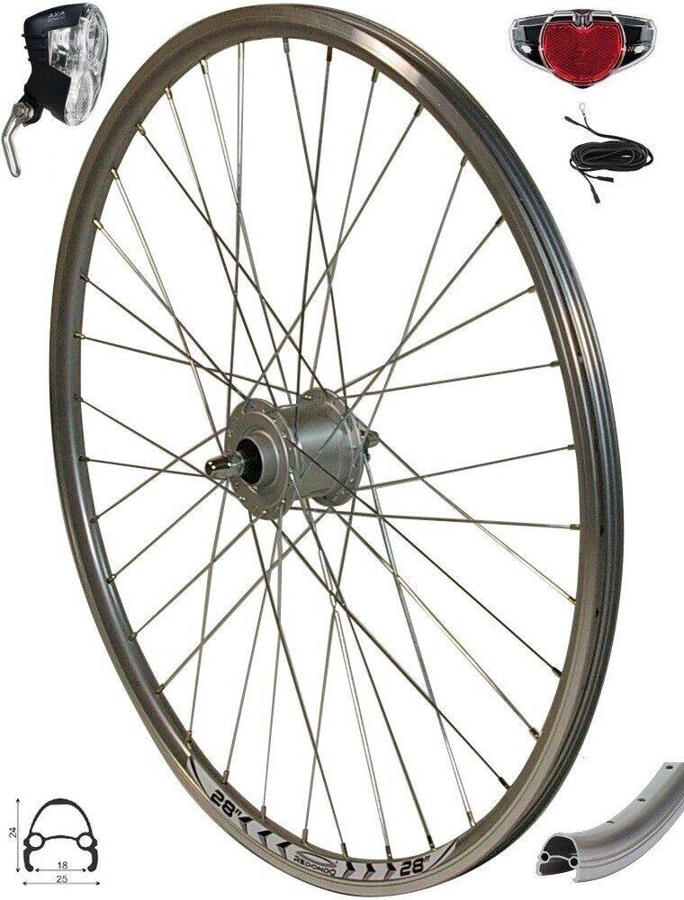 REDONDO 28 Zoll Vorderrad Felge Shimano Nabendynamo + AXA Scheinwerfer Rücklicht