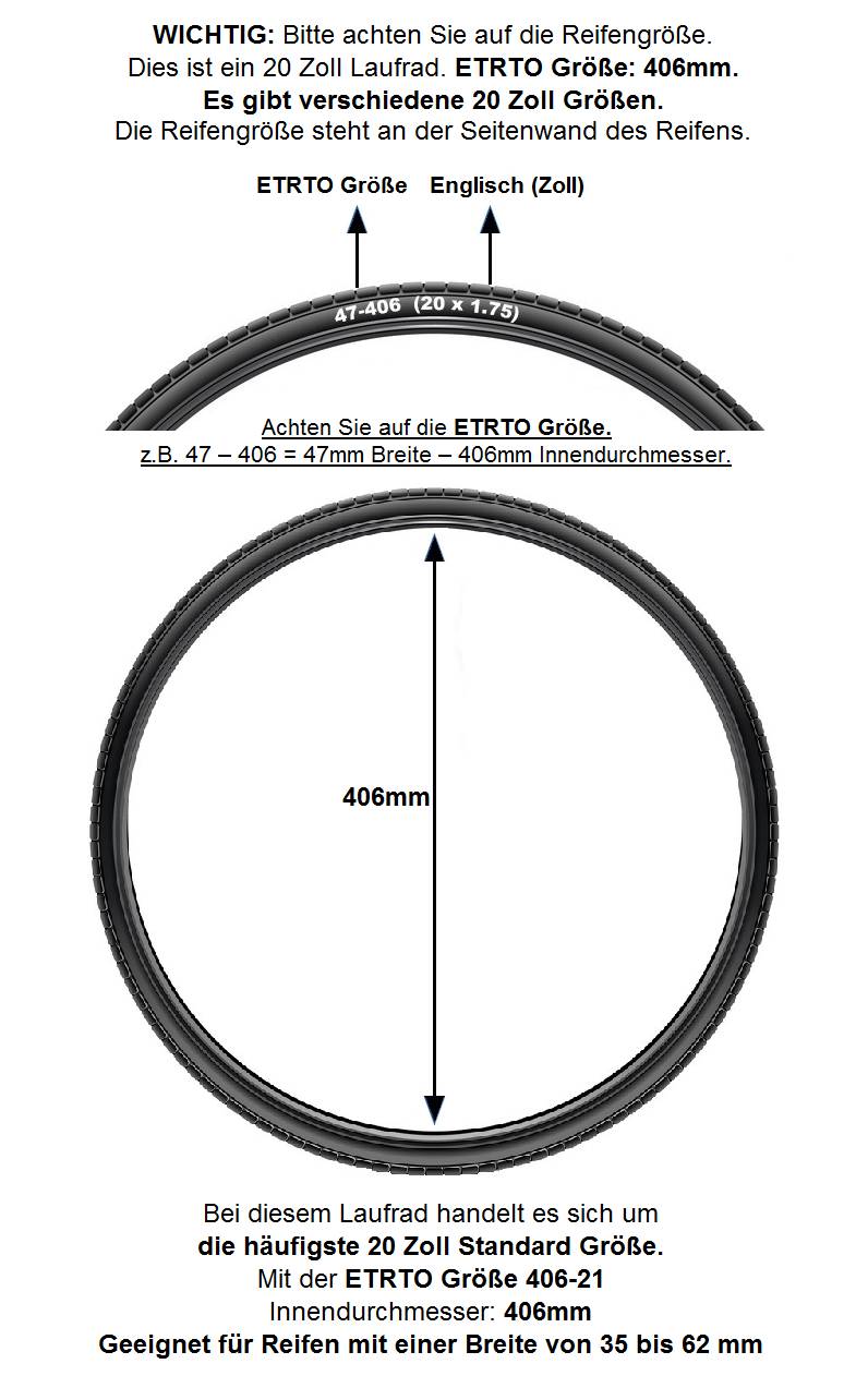 REDONDO 20 Zoll Vorderrad Laufrad Fahrrad Hohlkammer Faltrad Felge Schwarz