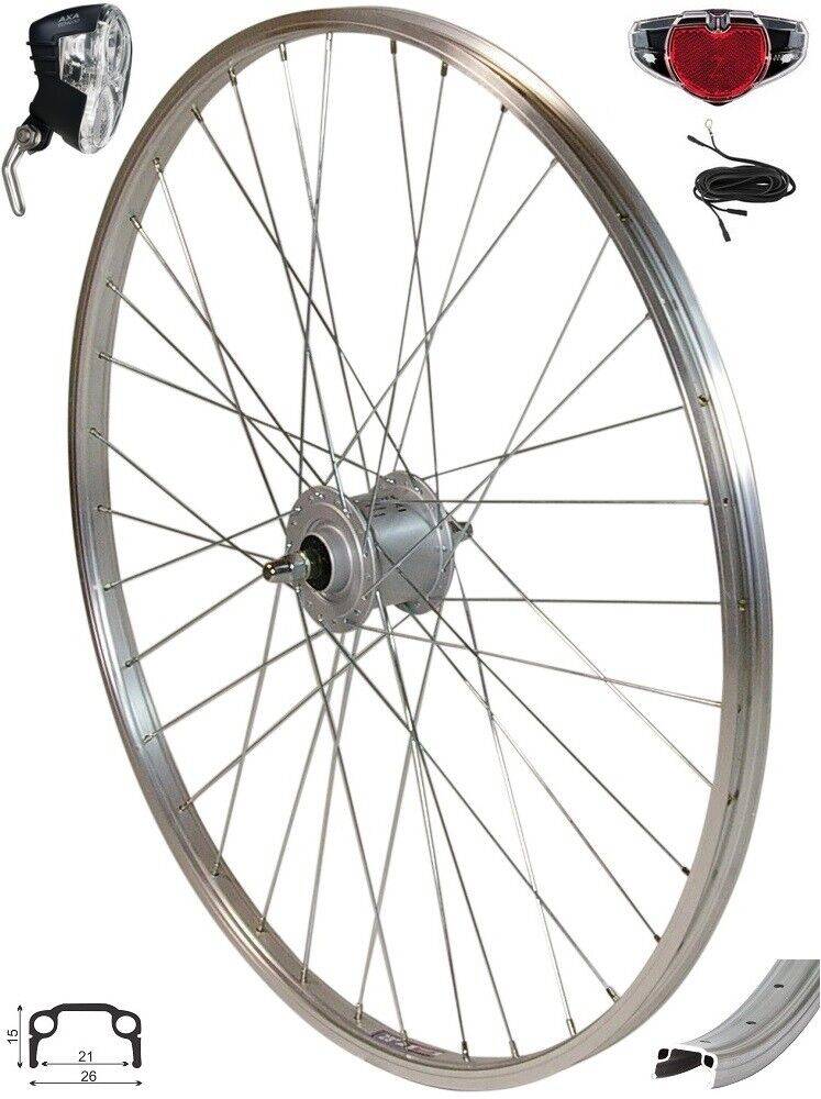 REDONDO 28 Zoll Vorderrad Felge Shimano Nabendynamo + AXA Scheinwerfer Rücklicht