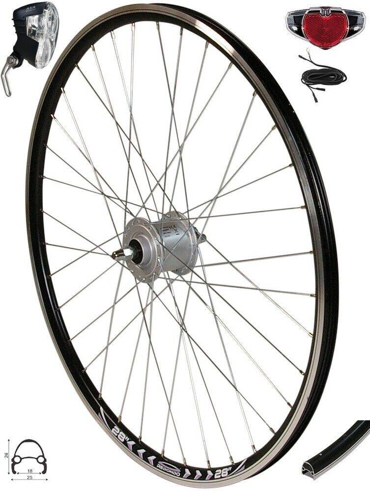 REDONDO 28 Zoll Vorderrad Felge Shimano Nabendynamo + AXA Scheinwerfer Rücklicht