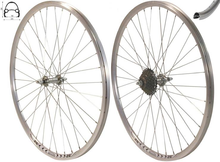 REDONDO 26 Zoll Laufrad Set Hinterrad + Vorderrad V Profil Silber + 7 fach Kranz