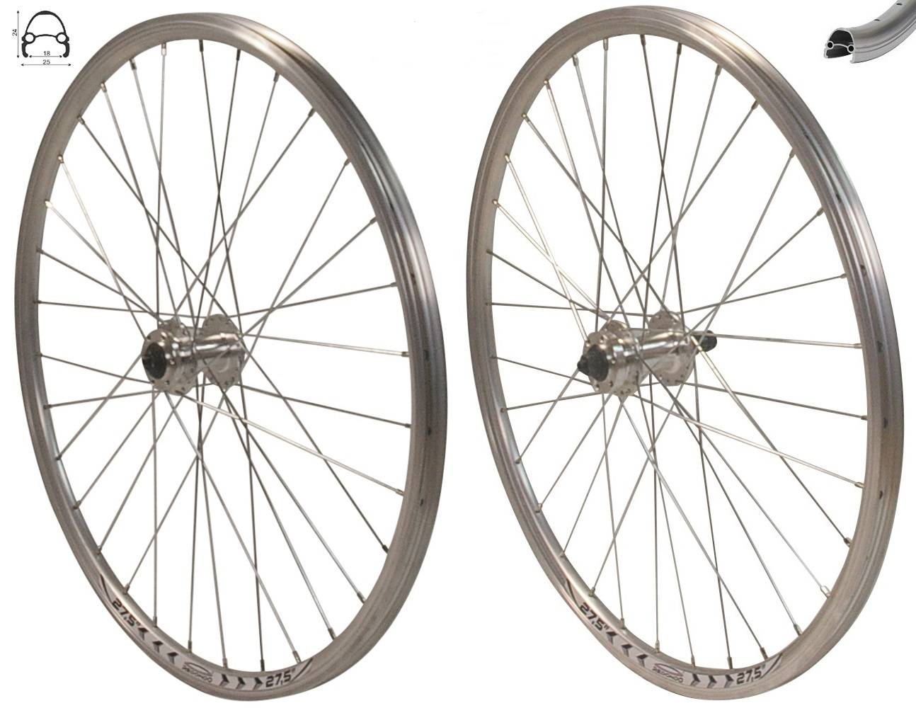 REDONDO 27,5 Zoll Laufrad Set VR + HR Hohlkammer V-Profil Felge QR Silber Disc