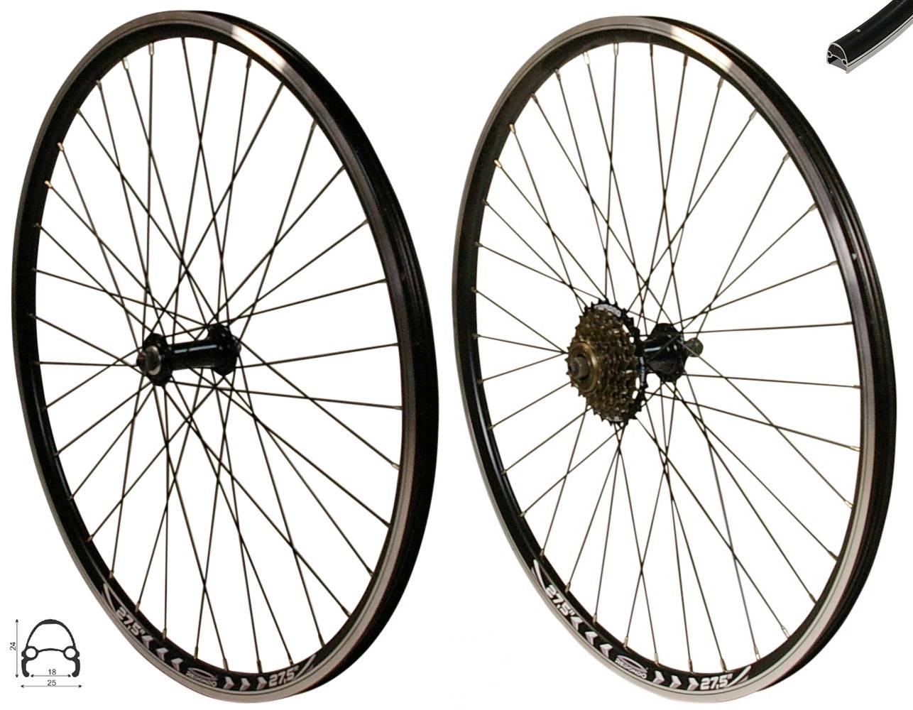 REDONDO 27,5 Zoll Laufrad Set HR + VR Hohlkammer Felge QR Schwarz + 6 fach Kranz