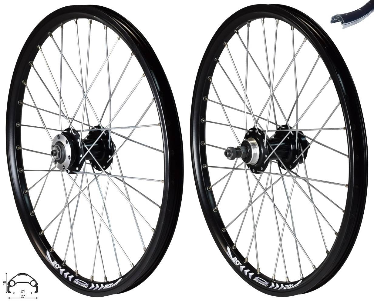 REDONDO 20 Zoll Laufrad Set Vorderrad Hinterrad Hohlkammer Felge Schwarz Disc