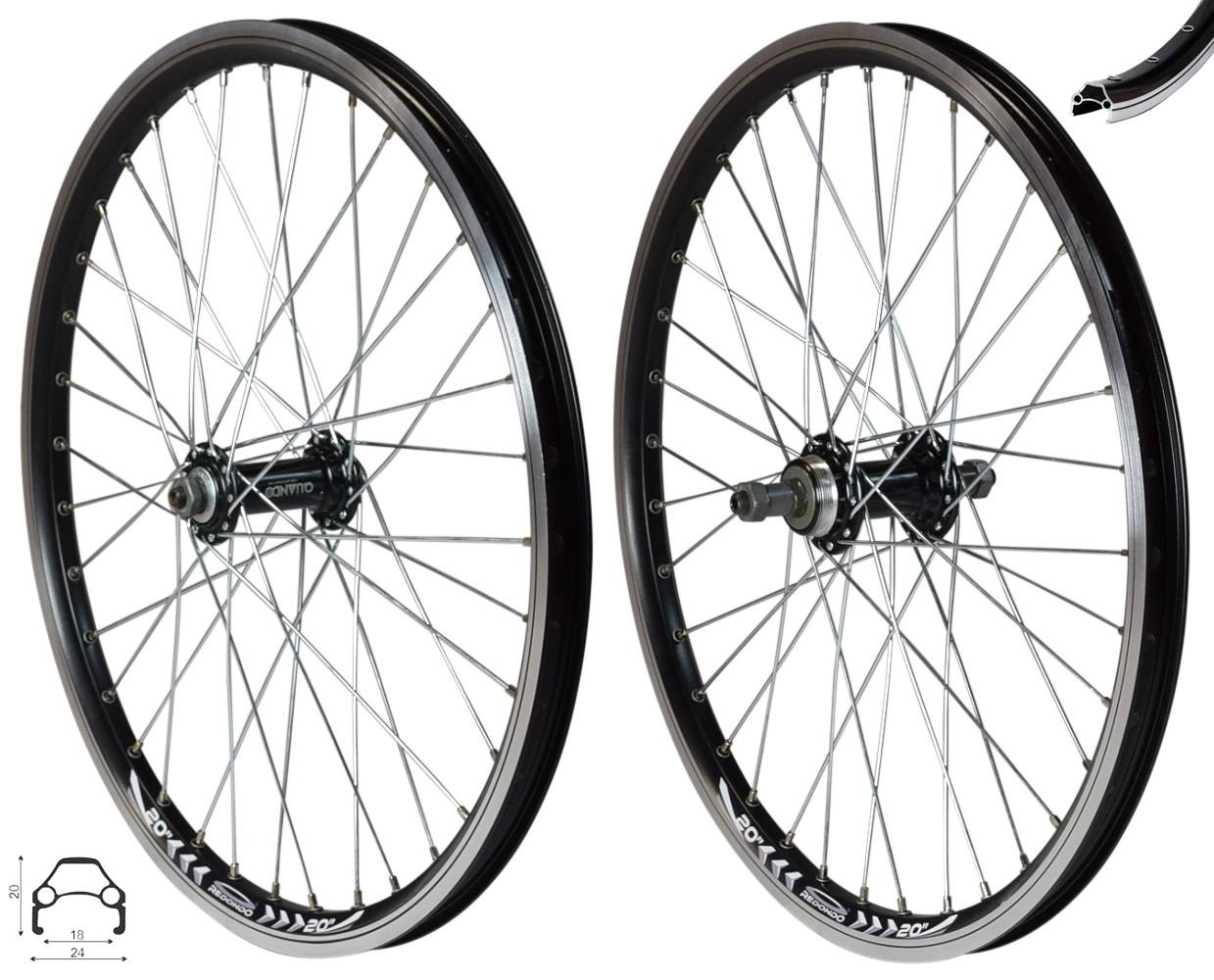REDONDO 20 Zoll Laufrad Set Vorderrad Hinterrad Hohlkammer Felge Schwarz