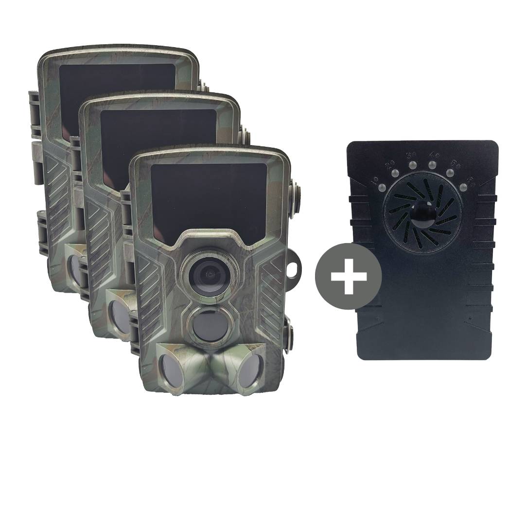 Berger & Schröter | 3x 4K Wildkamera / Melder + Empfänger Set, Ton oder LED Meldung bis 100m, 6 Wildkameras kombinierbar