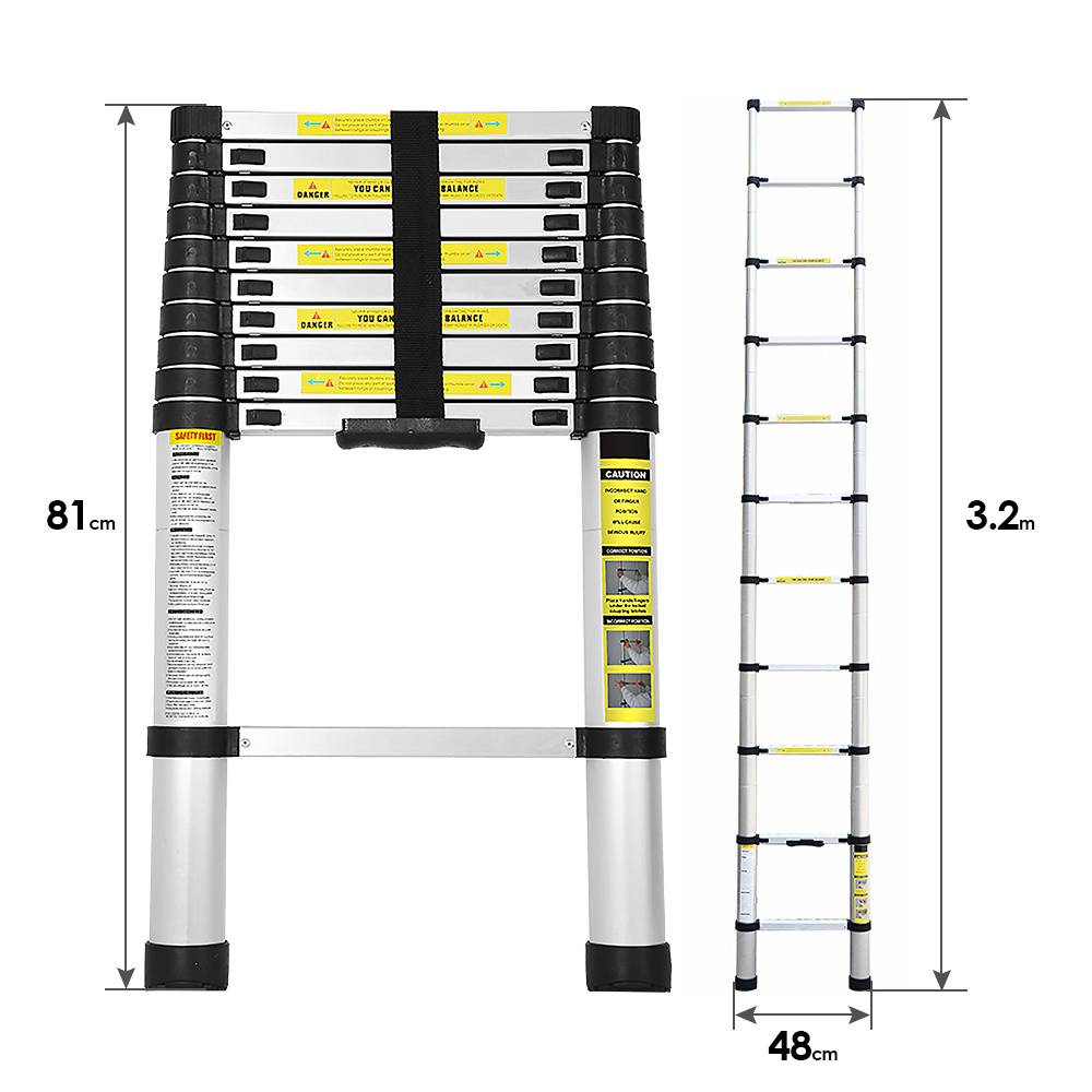 Produktdiagramm einer ausziehbaren Aluminiumleiter mit eingeklappter Höhe 81 cm, ausgezogener Höhe 3,2 m und Breite 48 cm.