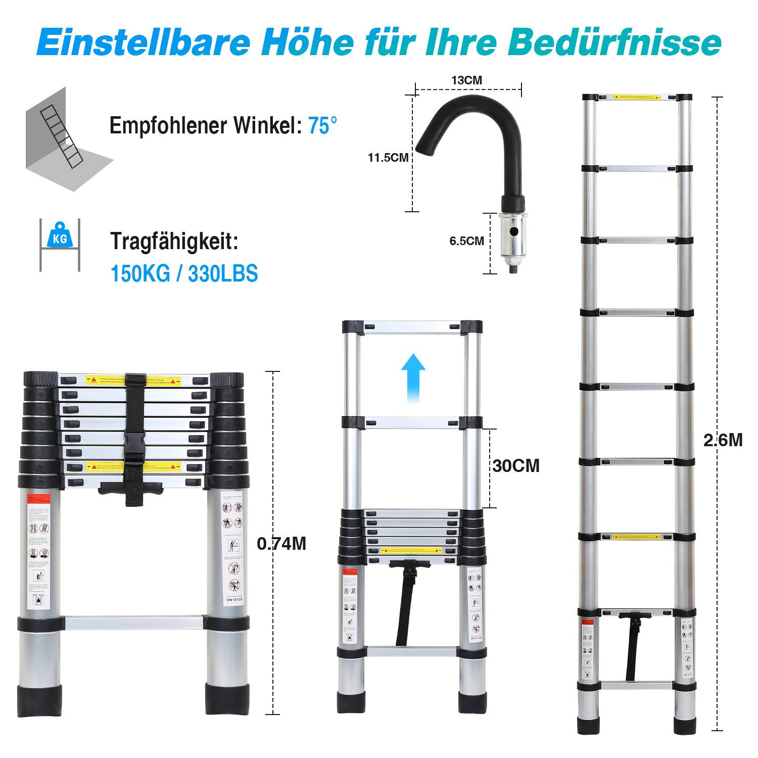 Produktinfografik für eine Anlehnleiter: empfohlener Winkel 75°, Tragfähigkeit 150 kg/330 lb und verstellbare Höhe bis 2,6 m.