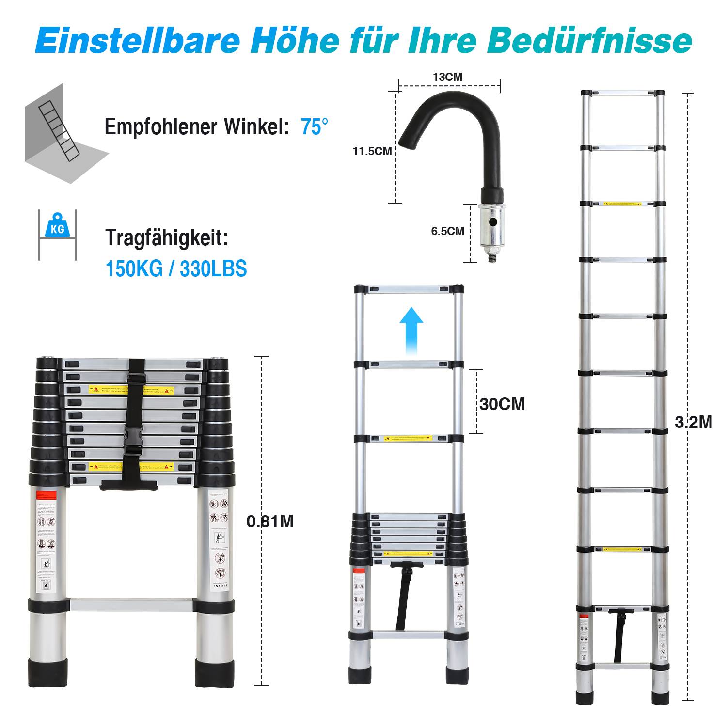 Teleskopleiter Silber 3.2m Mit Haken Ausziehleiter bis 150kg Stabil Aluminium Anlegeleiter Multifunktionsleiter Stehleiter