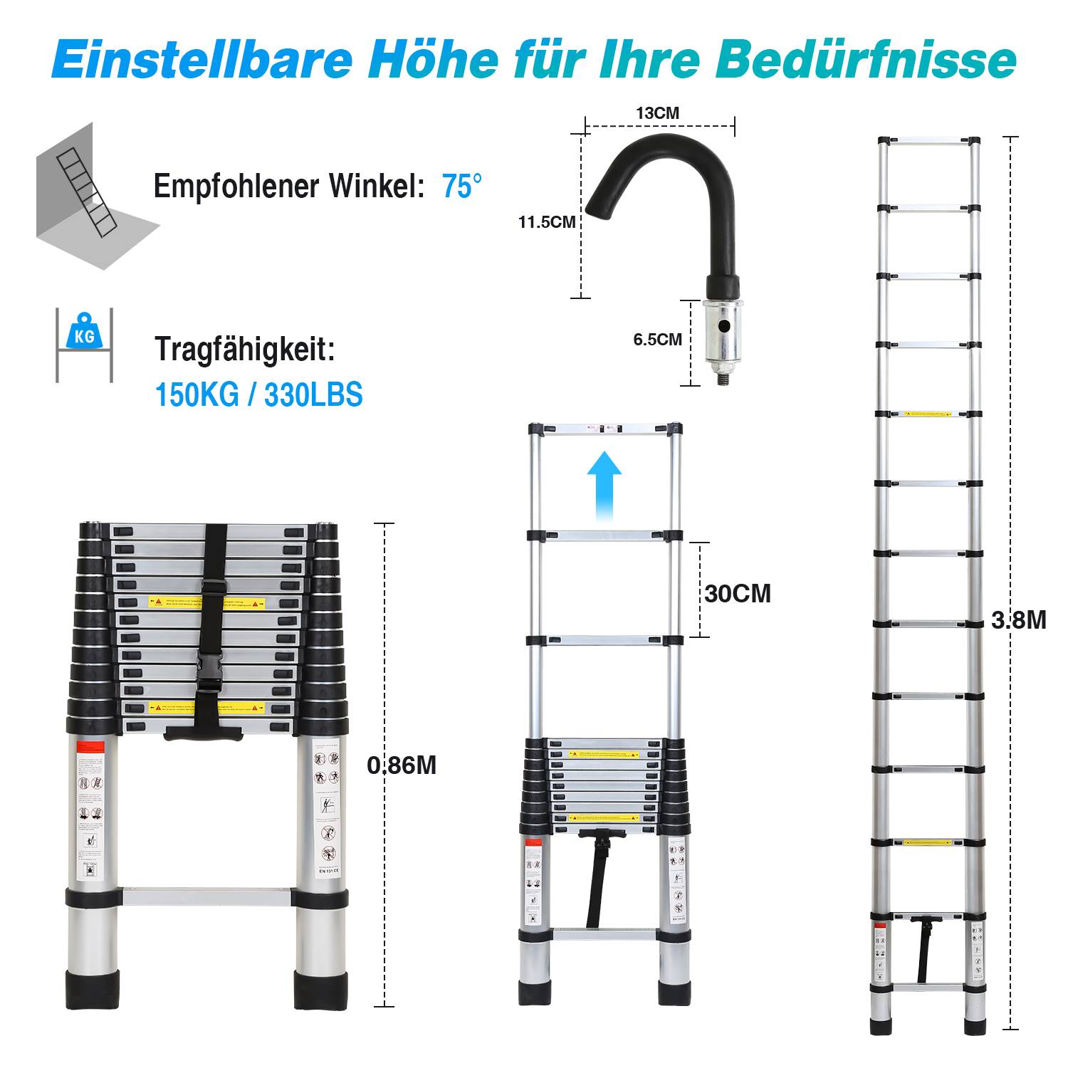 Teleskopleiter Silber 3.8m Mit Haken Ausziehleiter bis 150kg Stabil Aluminium Anlegeleiter Multifunktionsleiter Stehleiter