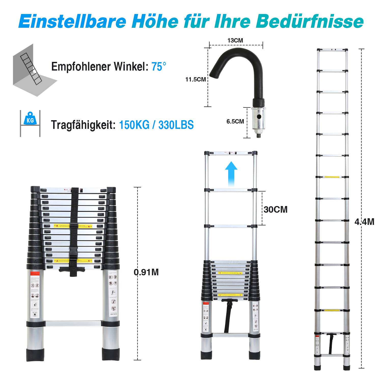 Teleskopleiter Silber 4.4m Mit Haken Ausziehleiter bis 150kg Stabil Aluminium Anlegeleiter Multifunktionsleiter Stehleiter