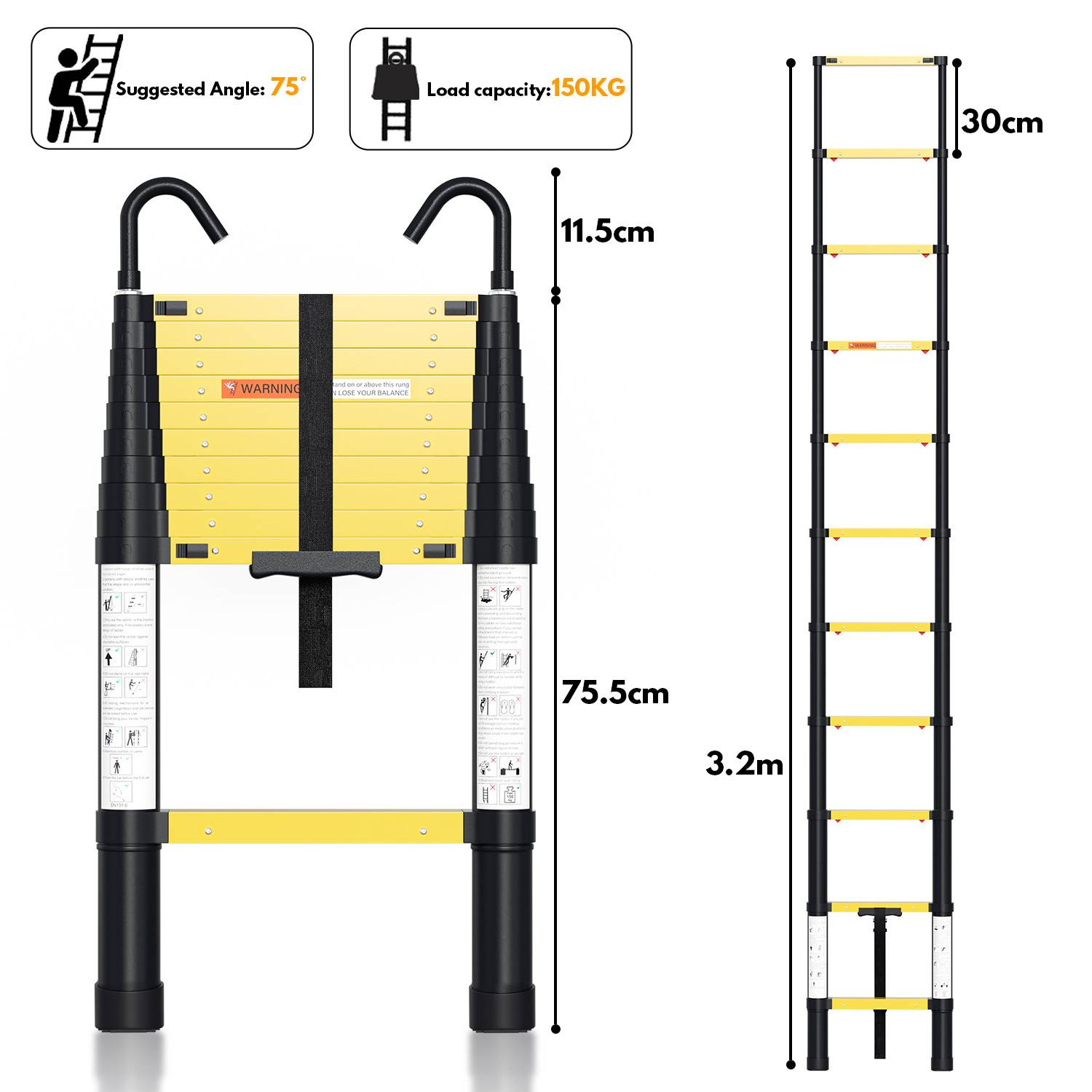 Leiterinfografik zum Ausklappen mit empfohlenem Winkel von 75°, Tragelastkapazität von 150 kg, Höhe von 3,2 m, Körperhöhe von 75,5 cm und Breite von 30 cm.