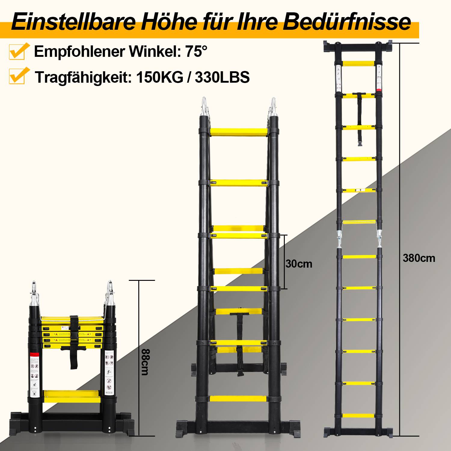 Teleskopleiter schwarz 3.8m Mit Haken Ausziehleiter bis 150kg Stabil Aluminium Anlegeleiter Multifunktionsleiter Sicherheitsmerkmal Stehleiter