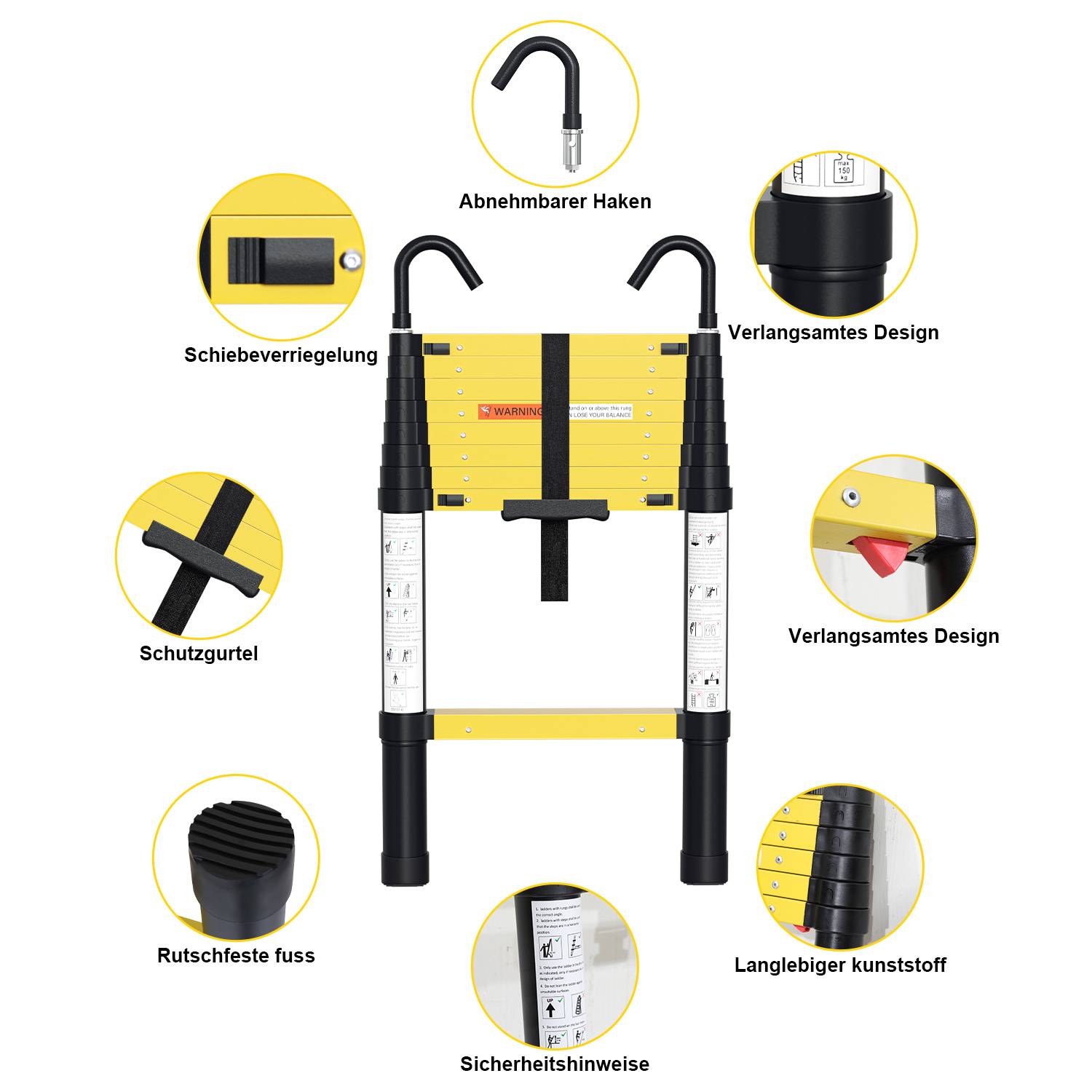 Teleskopleiter schwarz 4.4m Mit Haken Ausziehleiter bis 150kg Stabil Aluminium Anlegeleiter Multifunktionsleiter Stehleiter