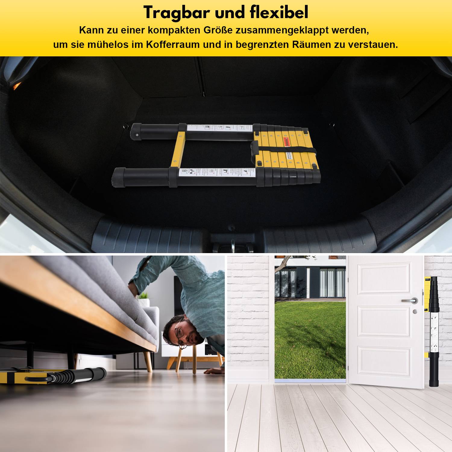 Teleskopleiter schwarz 4.4m Mit Haken Ausziehleiter bis 150kg Stabil Aluminium Anlegeleiter Multifunktionsleiter Stehleiter