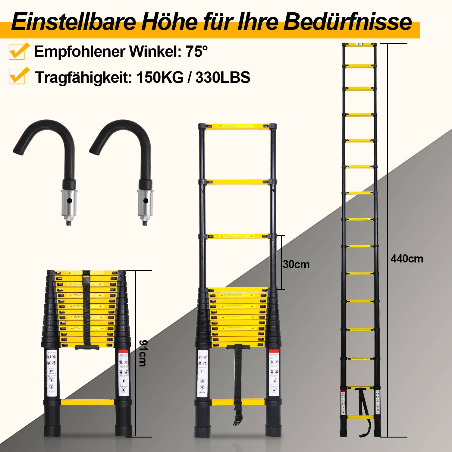 Teleskopleiter schwarz 4.4m Mit Haken Ausziehleiter bis 150kg Stabil Aluminium Anlegeleiter Multifunktionsleiter Stehleiter