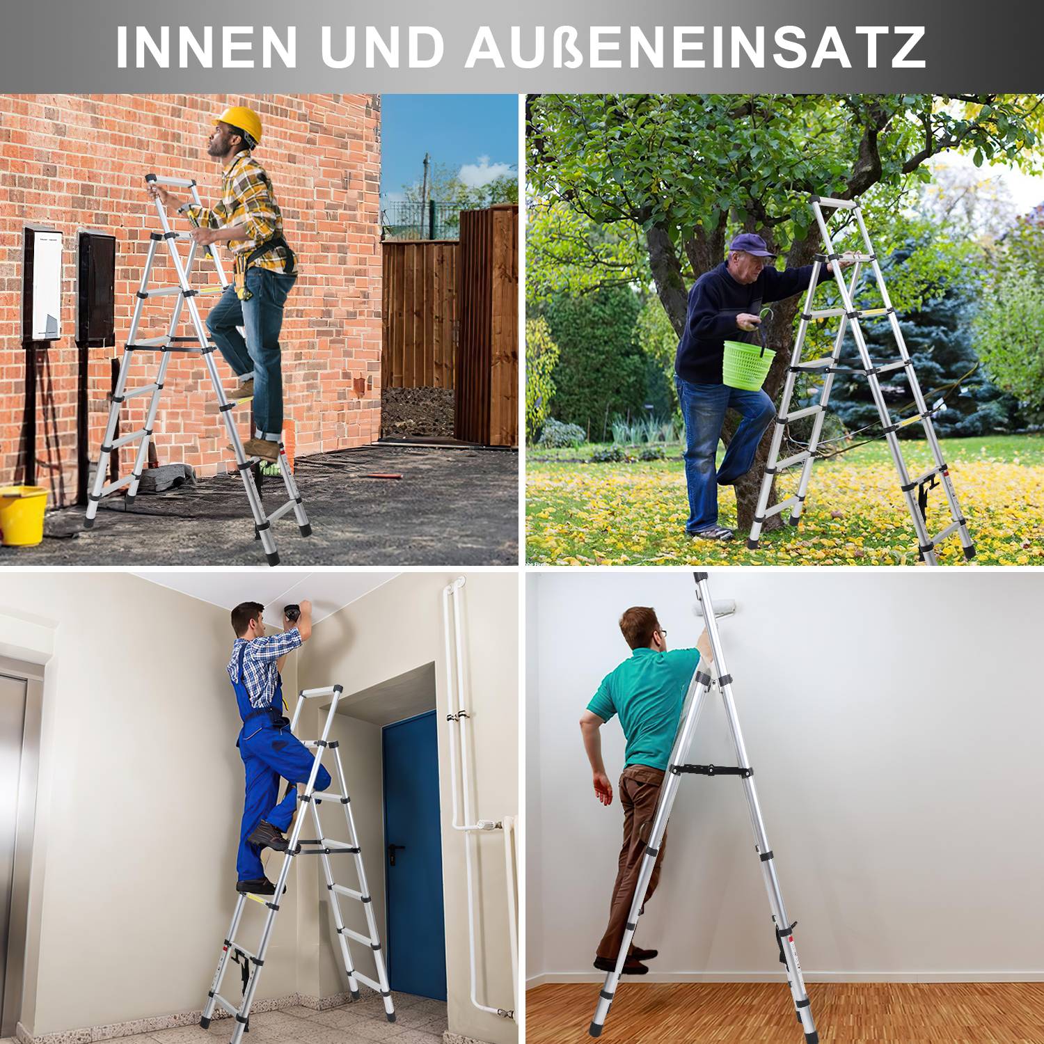 Teleskopleiter Ausziehleiter Klappleiter 1.4m+1.7m Stabil Anlegeleiter Aluminium Stehleiter bis 150kg