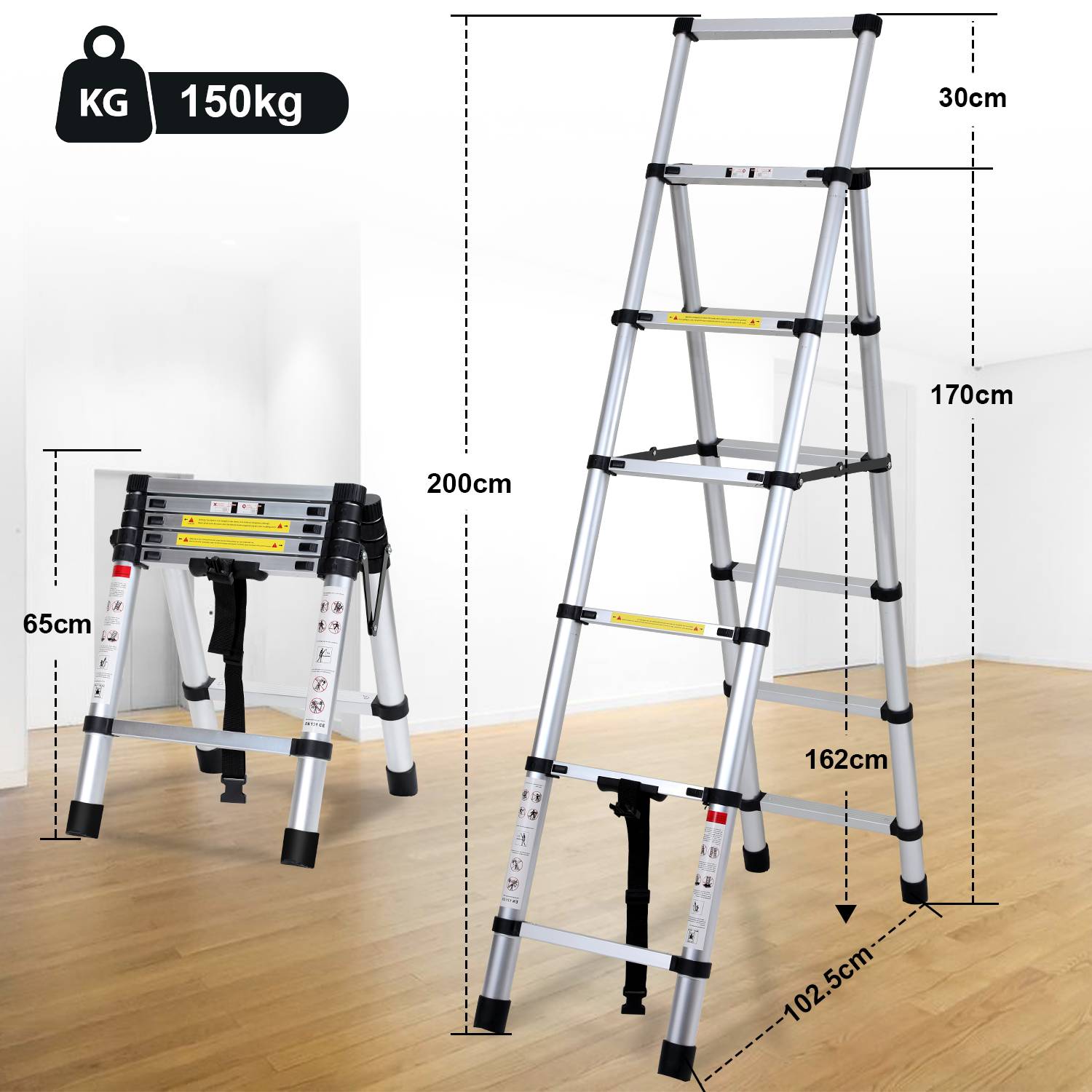 Teleskopleiter Ausziehleiter Klappleiter 1.7m+2.0m Stabil Anlegeleiter Aluminium Stehleiter bis 150kg