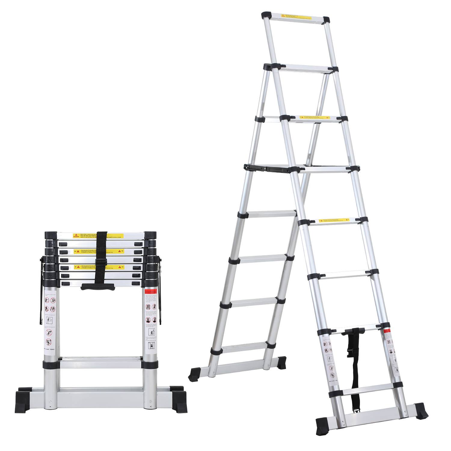 Zusammenklappbare Aluminium-Teleskopleiter, dargestellt zusammengeklappt und ausgefahren als Trittleiter, mit stabilisierenden Füßen und Verriegelungsbügeln.
