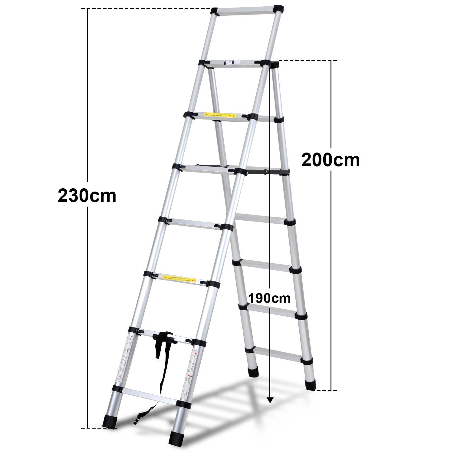 Aluminiumstehleiter offen dargestellt, mit beschrifteten Höhen: 230 cm Gesamthöhe, 200 cm ausgefahrene Seite und 190 cm Arbeitshöhe.