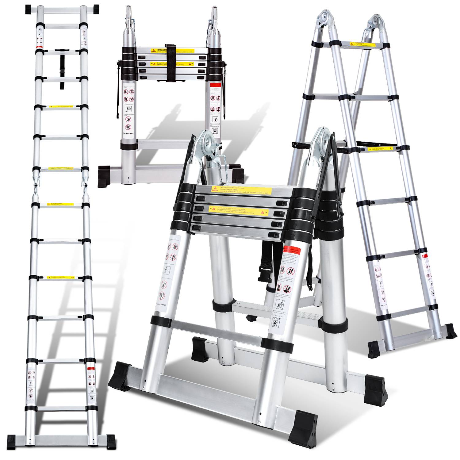 Teleskopleiter Silber Aluminium Klappbar Multifunktionsleiter Anlegeleiter 1.9M+1.9M Mehrzweckleiter Fingerklemmschutz Auszeihleiter Klappbar Alumin