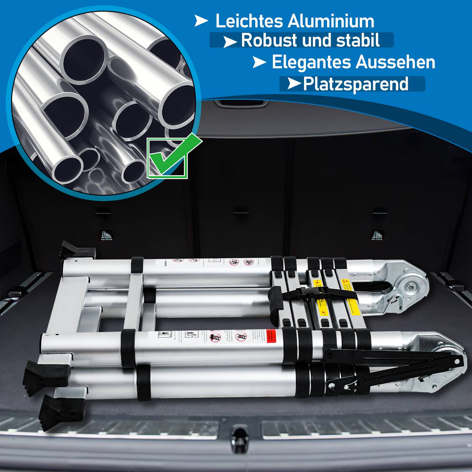Teleskopleiter Silber Aluminium Klappbar Multifunktionsleiter Anlegeleiter 1.9M+1.9M Mehrzweckleiter Fingerklemmschutz Auszeihleiter Klappbar Alumin