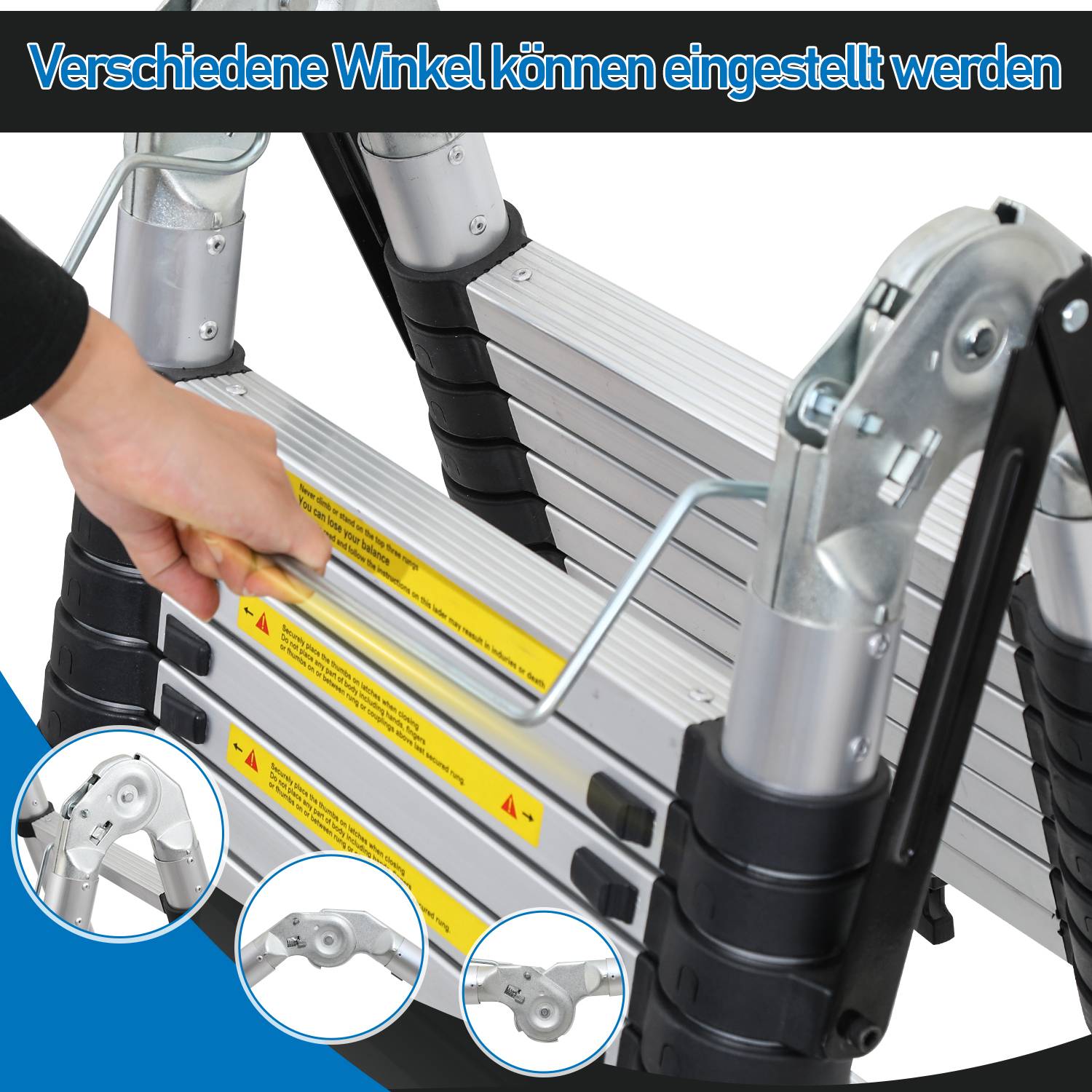 Teleskopleiter Silber Aluminium Klappbar Multifunktionsleiter Anlegeleiter 1.9M+1.9M Mehrzweckleiter Fingerklemmschutz Auszeihleiter Klappbar Alumin