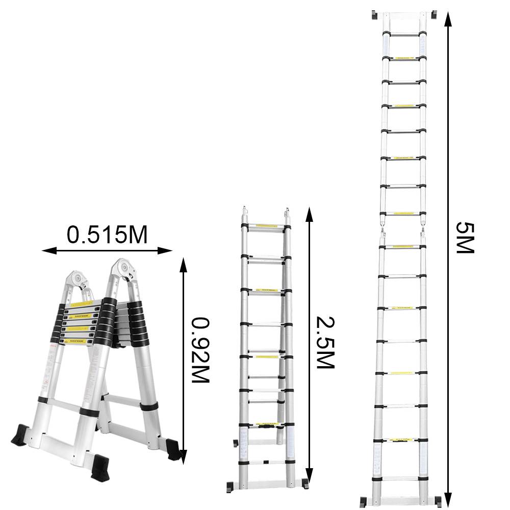 Teleskopleiter Silber Aluminium Klappbar Multifunktionsleiter Anlegeleiter 2.5M+2.5M Mehrzweckleiter Fingerklemmschutz Auszeihleiter Klappbar Alumin