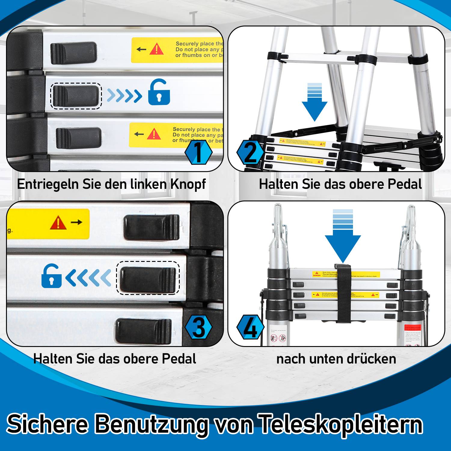 Teleskopleiter Silber Aluminium Klappbar Multifunktionsleiter Anlegeleiter 2.5M+2.5M Mehrzweckleiter Fingerklemmschutz Auszeihleiter Klappbar Alumin